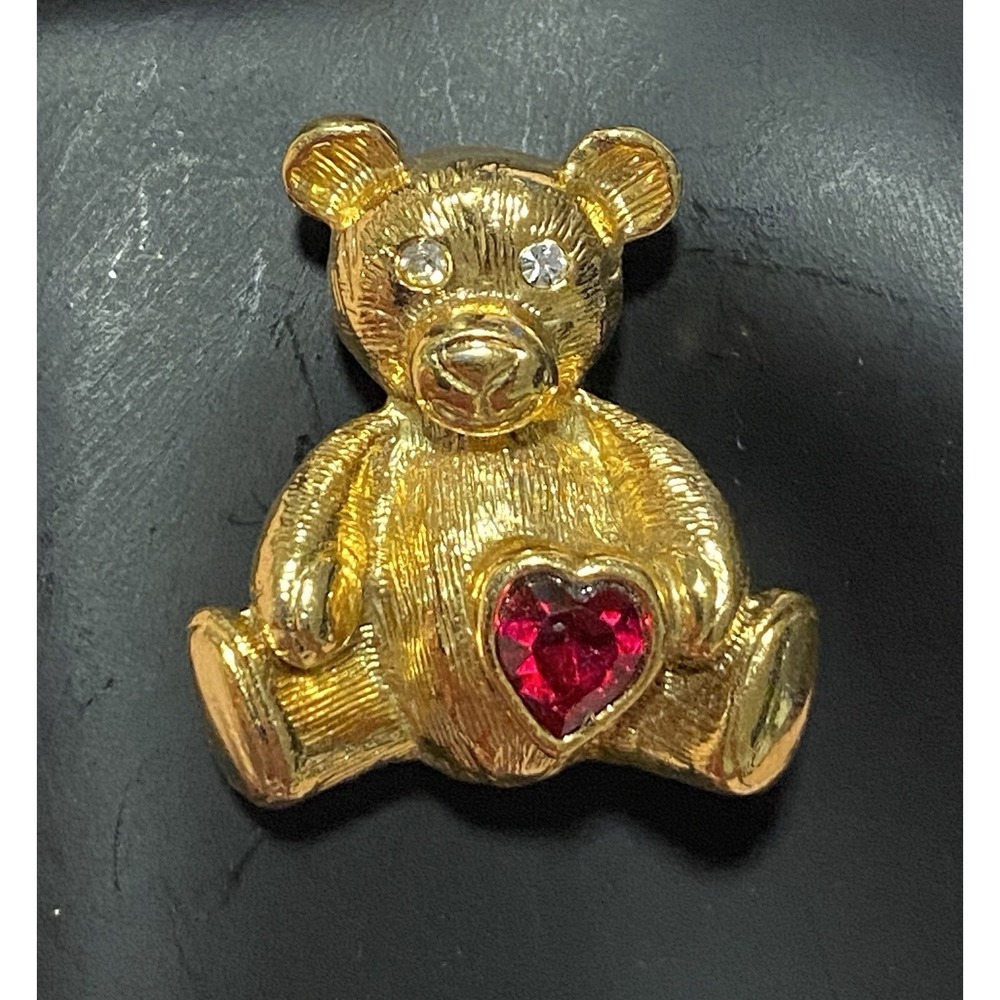 Vintage '1928' TEDDY BEAR W/ Red Rhinestone Heart & Clear Crystal Eyes Gold Tone